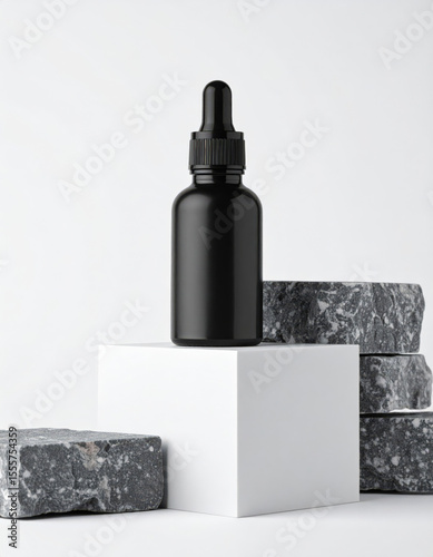 Black Dropper Bottle Mockup on a Stone Pedestal with white neutral background