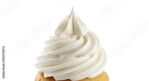A close-up, isolated shot of a perfectly piped swirl of fluffy white whipped cream or frosting atop a golden cupcake base.