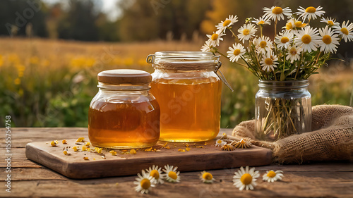 Two jars of golden honey sit on a wooden table with daisies and burlap