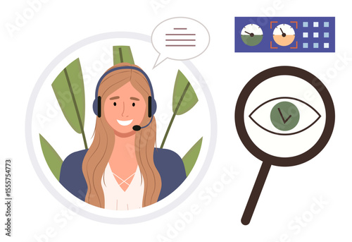 Female customer support agent with headset and speech bubble, task progress icons, magnifying glass with an eye. Ideal for communication, service, monitoring, task management, focus, customer care