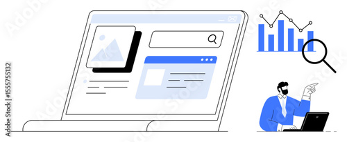 Laptop screen with website components, search bar, chart, magnifying glass, and man at desk referencing analytics. Ideal for data analysis, trend exploration, website optimization, business strategy