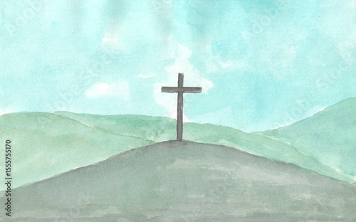 Single christian cross on the mountain. Concept for faith symbol, Christianity, Eternal life of soul, Gate to heaven, Holy cross for Easter day and Ascension day. Hand painted watercolor on paper.