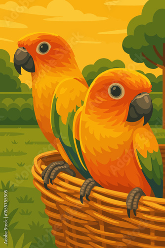This is a digital illustration of two vibrant sun conures (also known as sun parakeets) perched on the edge of a woven basket. The birds have vivid orange, yellow, and green plumage with large, expres