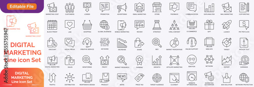 Digital marketing set of web icons in line style. Marketing icons for web and mobile app. Communication, advertising, e commerc, seo, content, product, target audience, website, social media and more.