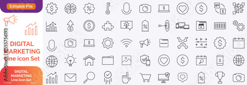 Digital marketing set of web icons in line style. Marketing icons for web and mobile app. Communication, advertising, e commerc, seo, content, product, target audience, website, social media and more.