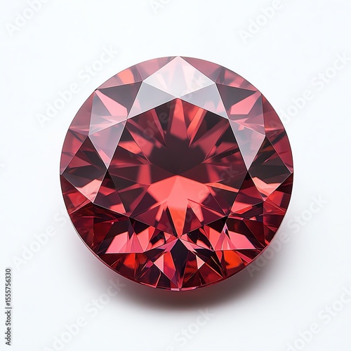 Shiny red gemstone with intricate facets and reflections.