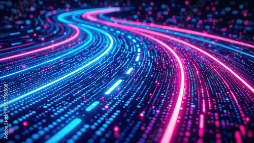 Dynamic digital data stream flows with pink and blue light trails, presenting a vivid technological background.
