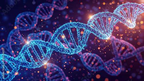 Digital rendering displays a blue DNA molecule, highlighting genetic research and biotechnological advancements in a scientific environment.