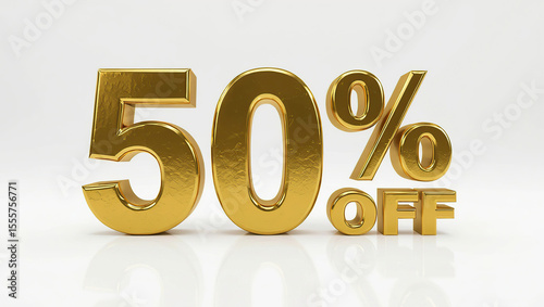 Golden fifty percent off discount displayed on a clean, white surface for sales and promotional marketing.
