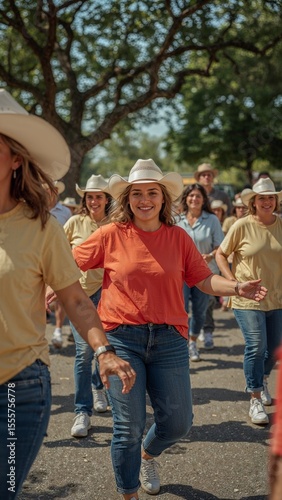 A group of people wearing cowboy hats and jeans dancing in a line outdoors during the daytime event