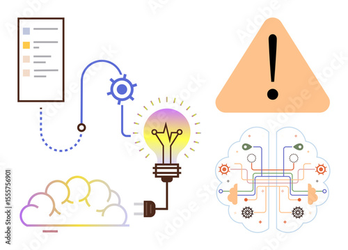 Plugged-in lightbulb, brain diagram with circuits, flowchart, warning sign, and creative cloud. Ideal for technology, innovation, AI, brainstorming problem-solving creativity machine learning
