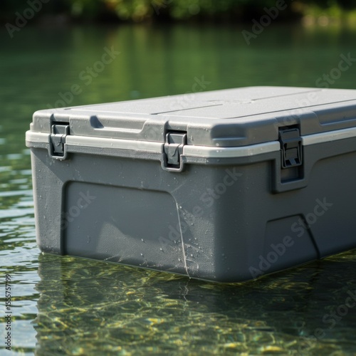 Grey Plastic Cooler Floating in Calm Water