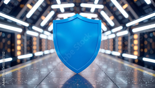 Shield icon for security, safety, and protection, against a futuristic background signifying cyber defense