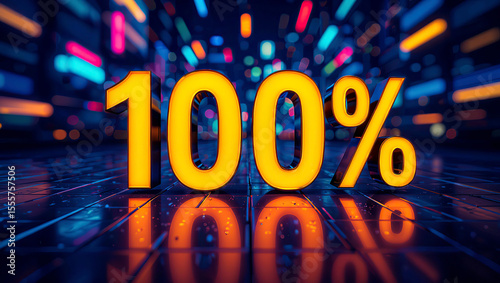 Golden one hundred percent on a reflective surface with a vibrant, colorful, abstract, glowing background.