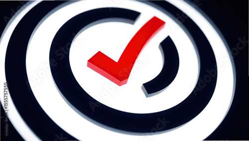 Achievement of goals highlighted by a check mark, success in business strategy and planning with an abstract circular graphic.