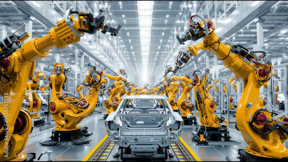 In a cutting-edge factory, robotic arms efficiently assemble the chassis of a modern vehicle. The environment showcases advanced technology and precision engineering