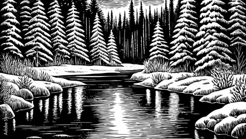 winter lake surrounded by snow-covered fir trees and icy reflections, a black and white sketch vector