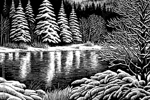 winter lake surrounded by snow-covered fir trees and icy reflections, a black and white sketch vector