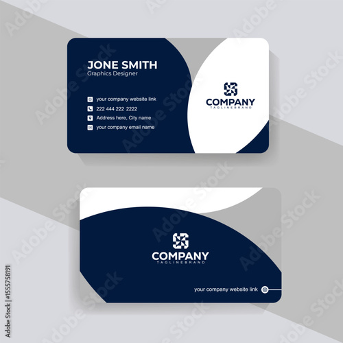 Clean and Corporate Business Card Layout for Company Branding. Professional navy blue and white business card template with clean modern design.
