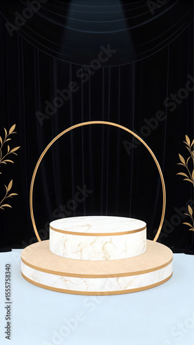 White marble podium gold arch black curtains image