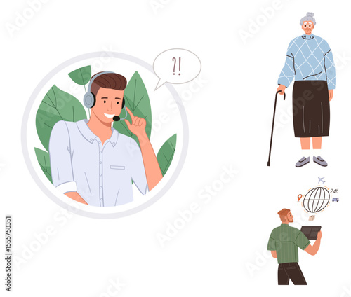 Customer support agent with headset, elderly woman with cane, and man analyzing globe navigation. Ideal for customer care, aging support, travel, communication, remote work, global reach guidance