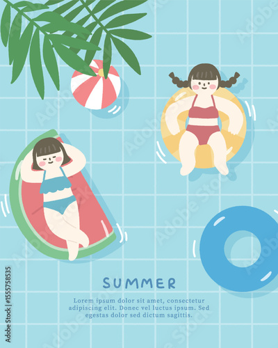 Hand drawn summer template background with swimming pool and leaves.