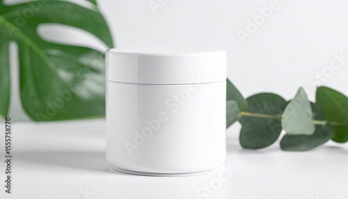 White Matte Circular Tin Jar Mockup with Greenery