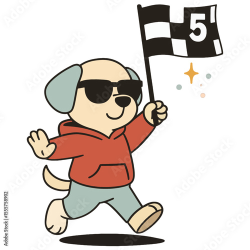 Puppy Racer with Black and White Flag – 5th Birthday Illustration