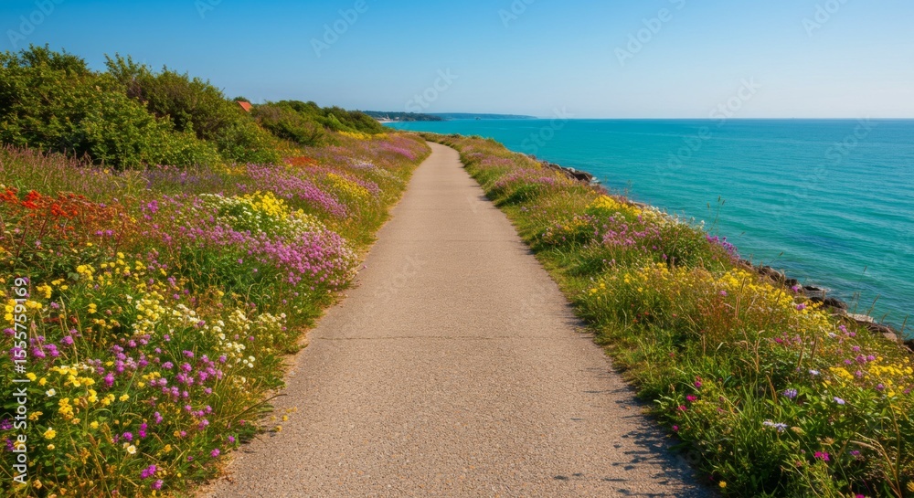Fototapeta premium Coastal Path with Vibrant Wildflowers and Ocean View