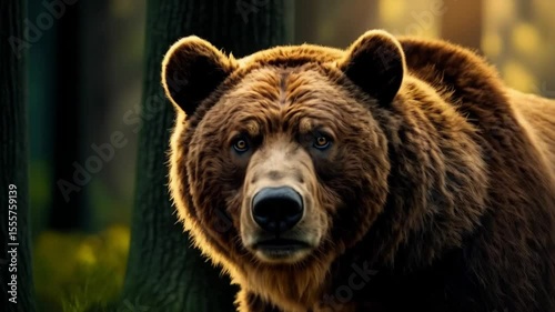 Close up view of a brown bear with sunlight filtering through the forest behind it video