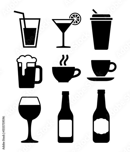 Set of Black Drink Icons. Beverage Silhouettes of Coffee, Juice, Wine, Beer, and More