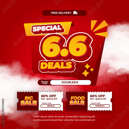 6.6 Special June Sale discount deals Exclusive Red gradient Editable text effect Pop up with special voucher Marketing banner