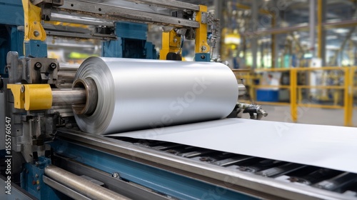 A machine is rolling a silver sheet of plastic