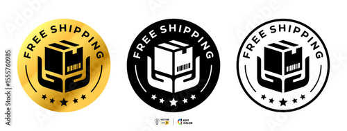 Free shipping package delivery badge. Delivery box with a hand golden circle label. Vector illustration isolated on white background
