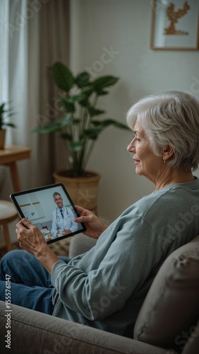 Elderly woman on telehealth call with doctor using tablet in a living room setting at home on sofa