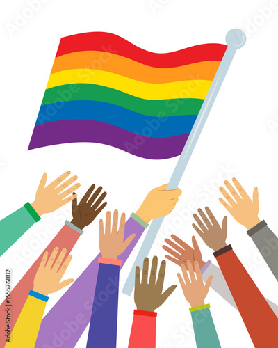 Hands Unite as one and rainbow Pride flag. Celebrates LGBT pride month. Illustration, Poster, Vector , Background or wallpaper. Illustration Vector Cartoon.