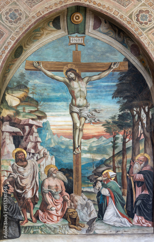 PIACENZA, ITALY - MAY 20, 2025: The renaissance fresco of Crucifixion in the Cathedral by B. Bernardi from beginn of 16. cent. 