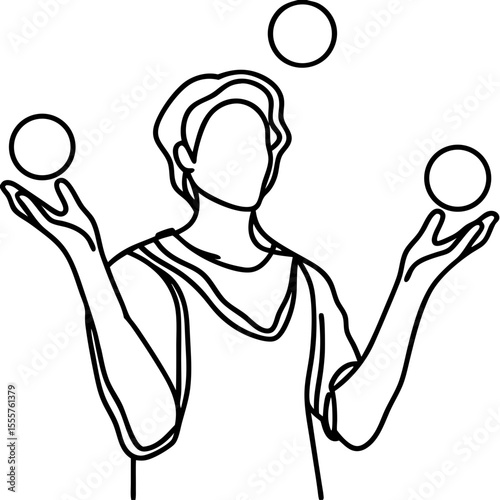 Person juggling three balls line art illustration.  Person skillfully tossing three objects high in air.  Dynamic line art drawing perfect for circus poster or event announcement.