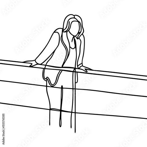 Woman leaning on railing, elegant pose, line art illustration. Person looks over railing, simple black lines, minimalist drawing style.  Stylish line art for fashion blog.