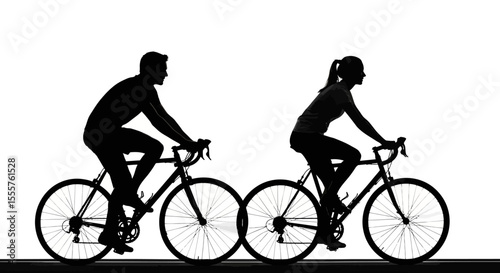 Silhouetted Cyclists Riding Road Bikes Against White Background, Active Lifestyle