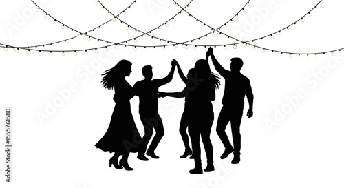 Silhouetted Group of People Dancing and Celebrating Together Joyfully