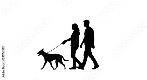 Silhouette of a Couple Walking a Dog on a Leash, Side View