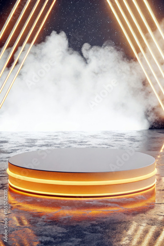 Glowing circular stage illuminated by neon lights podium