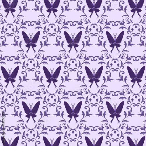 Stylized butterflies in an ornament.Vector seamless pattern with butterflies inside a beautiful ornament.