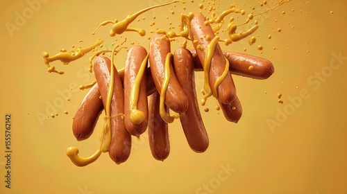 hot dog grilled sausages falling while being splashed by mustard sauce . aspect ratio 16:9