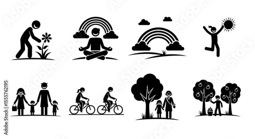 Collection of Eight Black Pictograms Depicting Happy Family Activities, Nature, and Well-being