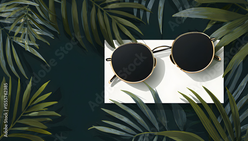 Round goldframed sunglasses on a white card surrounded by green tropical leaves