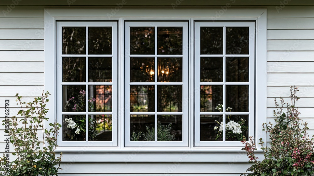 Fototapeta premium White house window with multiple panes, plants flanking