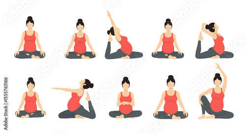 Set of Pregnant Woman Doing Yoga Poses in Red Top and Gray Pants