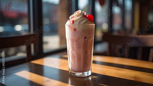 A tall, inviting glass of pink milkshake, generously topped with a swirl of white whipped cream, a drizzle of red syrup or sauce, and a bright red maraschino cherry.